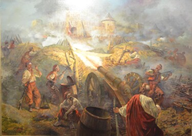 Painting titled "The siege of Zhvane…" by Andrey Serebryakov, Original Artwork, Oil Mounted on Wood Stretcher frame