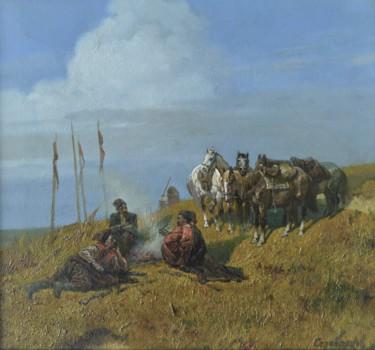 Malerei mit dem Titel "Halt. Cossack era." von Andrey Serebryakov, Original-Kunstwerk, Öl