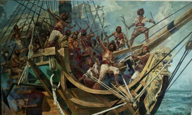 Pittura intitolato "Pirate boarding" da Andrey Serebryakov, Opera d'arte originale, Olio