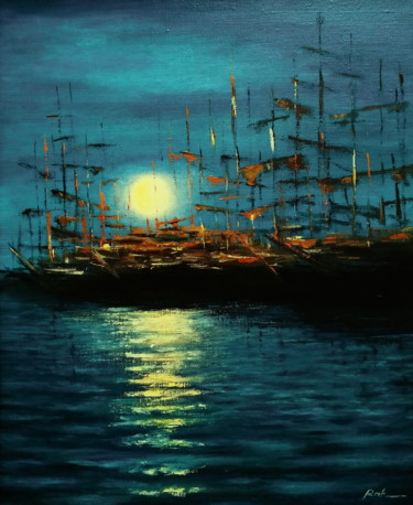 Malerei mit dem Titel "Harbor of old ships" von Oleh Rak, Original-Kunstwerk, Öl