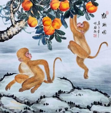 Pintura intitulada "猴趣图" por Gino, Obras de arte originais, Tinta
