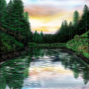 Arts numériques intitulée "Lake, blur sky and…" par 3dcursordesigner, Œuvre d'art originale, Peinture numérique