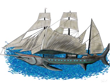 Arte digital titulada "Merlin Fish-Sailboat" por 3dcursordesigner, Obra de arte original, Pintura Digital