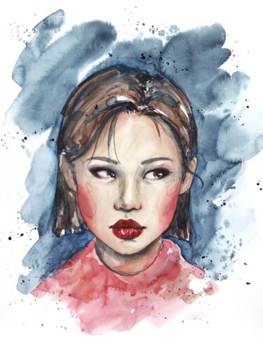 Painting titled "Young girl" by Marina Ogai, Original Artwork, Watercolor