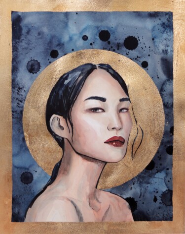Painting titled "Golden woman" by Marina Ogai, Original Artwork, Watercolor
