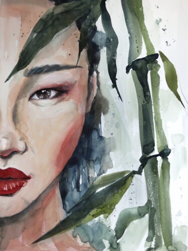 Painting titled "Girl with bamboo" by Marina Ogai, Original Artwork, Watercolor