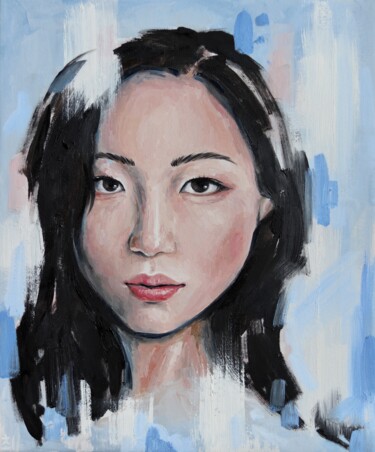 Schilderij getiteld "Girl in mirror" door Marina Ogai, Origineel Kunstwerk, Olie