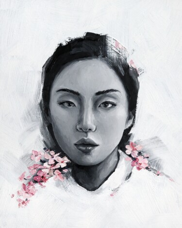 Painting titled "Woman with sakura" by Marina Ogai, Original Artwork, Oil