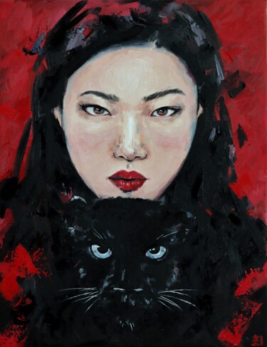 Painting titled "Asian girl with pan…" by Marina Ogai, Original Artwork, Oil