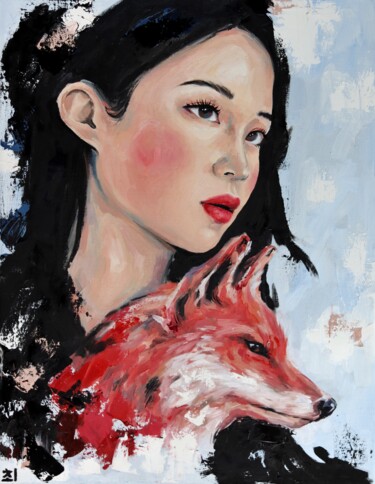 Painting titled "Asian girl with fox" by Marina Ogai, Original Artwork, Oil