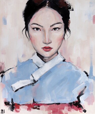 Painting titled "Korean girl with bl…" by Marina Ogai, Original Artwork, Oil