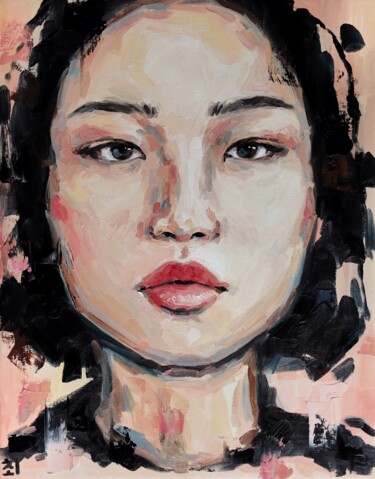 Schilderij getiteld "Peach asian girl" door Marina Ogai, Origineel Kunstwerk, Olie