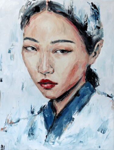 Peinture intitulée "Korean woman in blu…" par Marina Ogai, Œuvre d'art originale, Huile