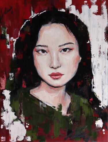 "Asian woman in gree…" başlıklı Tablo Marina Ogai tarafından, Orijinal sanat, Petrol