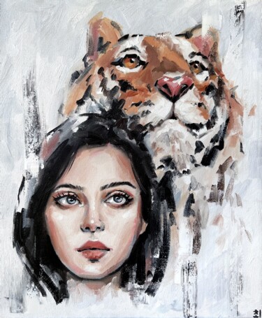 Painting titled "GIRL WITH TIGER" by Marina Ogai, Original Artwork, Oil