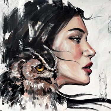 Painting titled "WOMAN WITH AN OWL" by Marina Ogai, Original Artwork, Oil