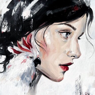 Peinture intitulée "WOMAN WITH COCKATOO…" par Marina Ogai, Œuvre d'art originale, Huile