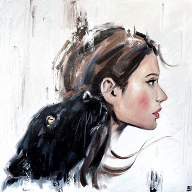 Painting titled "WOMAN WITH BLACK PA…" by Marina Ogai, Original Artwork, Oil