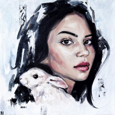Картина под названием "WOMAN WITH WHITE RA…" - Marina Ogai, Подлинное произведение искусства, Масло