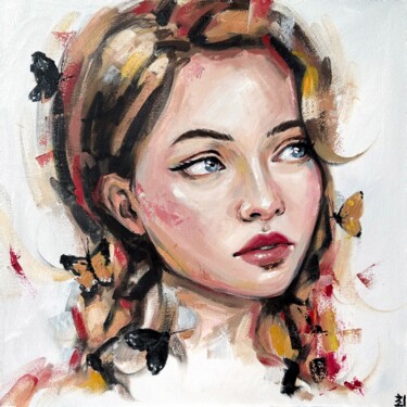 Painting titled "WOMAN WITH BUTTERFL…" by Marina Ogai, Original Artwork, Oil