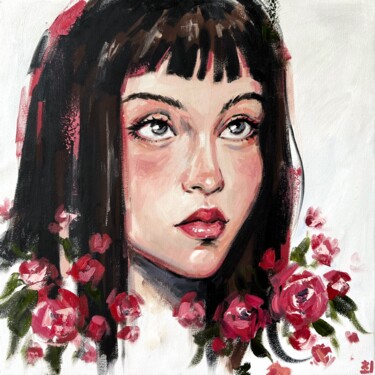 Painting titled "GIRL WITH RED ROSES" by Marina Ogai, Original Artwork, Oil