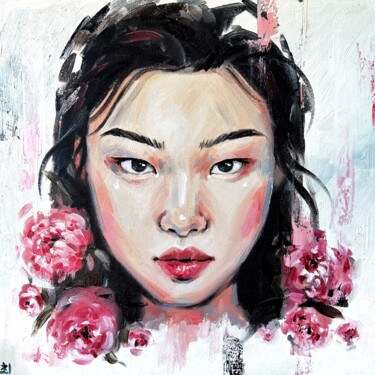 Painting titled "ASIAN WOMAN WITH PI…" by Marina Ogai, Original Artwork, Oil