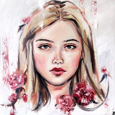 Painting titled "WOMAN WITH ROSES. P…" by Marina Ogai, Original Artwork, Oil