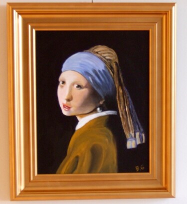 Schilderij getiteld "Copie de J. Vermeer…" door Bernard Golay, Origineel Kunstwerk, Acryl Gemonteerd op Frame voor houten br…