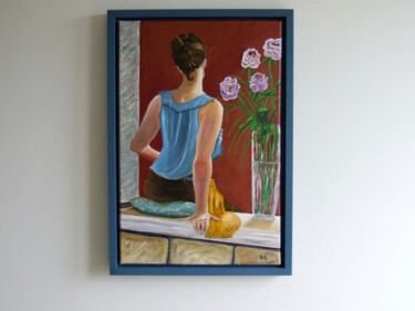 Painting titled "femme aux roses bla…" by Bernard Golay, Original Artwork, Acrylic