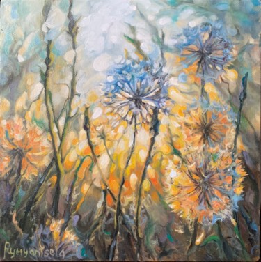 Painting titled "Dandelions at sunse…" by Svetlana Rumyantseva Svetlana Rumiantseva, Original Artwork, Oil Mounted on Wood S…