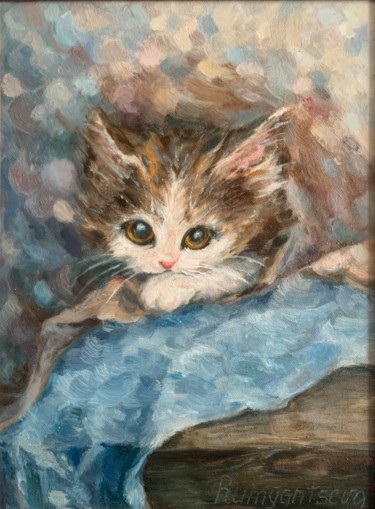 Malerei mit dem Titel "Kitty / Котёнок" von Svetlana Rumyantseva Svetlana Rumiantseva, Original-Kunstwerk, Öl Auf Andere sta…