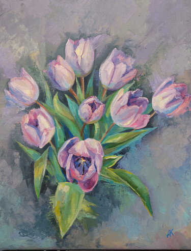 Картина под названием "Март.  Тюльпаны" - Alana Kovalava, Подлинное произведение искусства, Масло Установлен на Деревянная р…