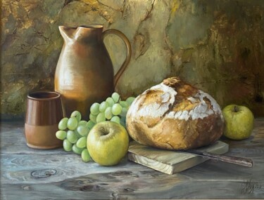 Натюрморт с хлебом Painting titled "Натюрморт с хлебом" by Julia Abramoshvili, Original Artwork, Oil Mounted on Wood Stretcher frame