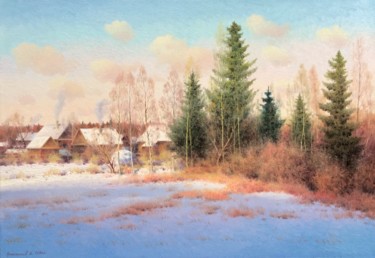 Картина под названием "Winter evening" - Vasily Gribennikov, Подлинное произведение искусства, Масло Установлен на Деревянна…