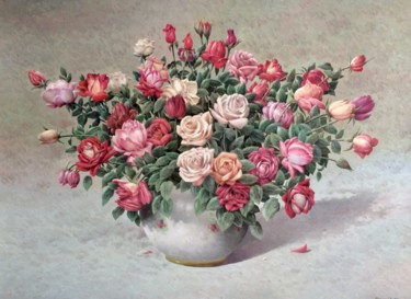 Картина под названием "Roses" - Vasily Gribennikov, Подлинное произведение искусства, Масло Установлен на Деревянная рама дл…
