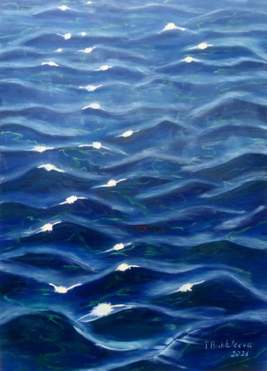 Painting titled "Navy water surface" by Tatiana Bukhteeva, Original Artwork, Oil Mounted on Wood Stretcher frame