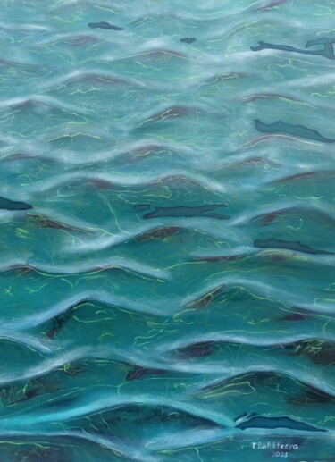 Painting titled "Emerald water surfa…" by Tatiana Bukhteeva, Original Artwork, Oil Mounted on Wood Stretcher frame