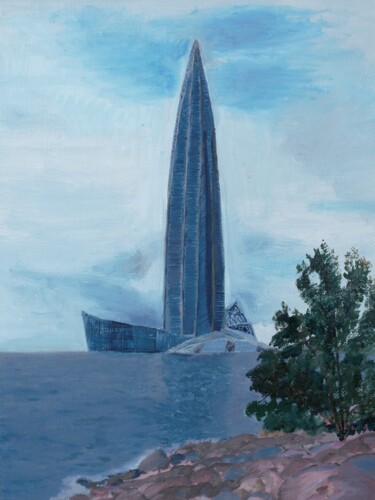 Painting titled "Skyscraper" by Tatiana Bukhteeva, Original Artwork, Oil Mounted on Wood Stretcher frame