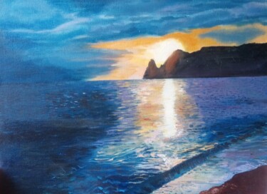 Pintura intitulada "Sunset on the sea" por Tatiana Bukhteeva, Obras de arte originais, Óleo Montado em Cartão