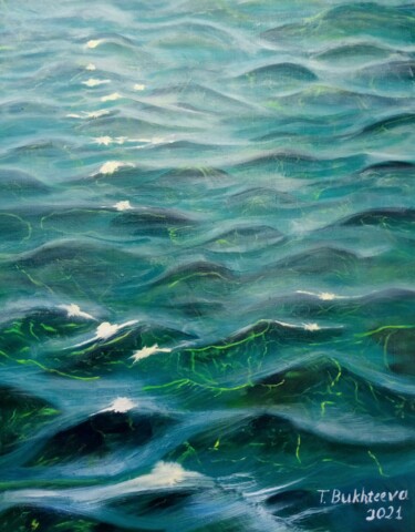 Painting titled "Green sea surface" by Tatiana Bukhteeva, Original Artwork, Oil Mounted on Wood Stretcher frame