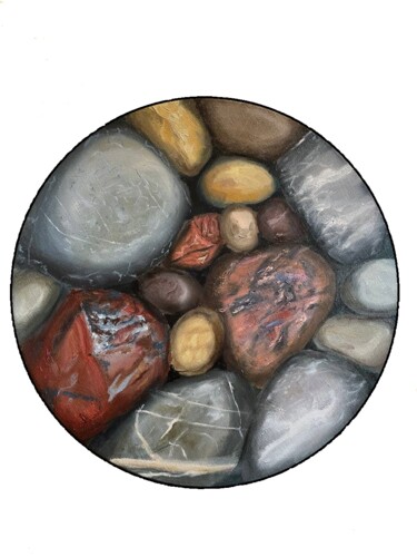 Schilderij getiteld "Shore stones" door Tatiana Bukhteeva, Origineel Kunstwerk, Olie Gemonteerd op Frame voor houten brancard