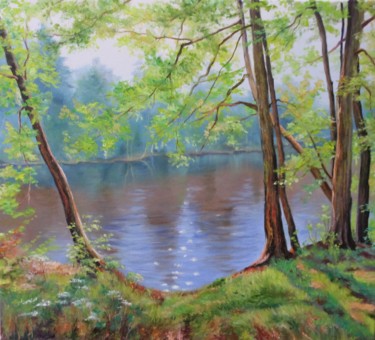 Painting titled "Лесное озеро" by Kseniia Litvinova, Original Artwork, Oil Mounted on Wood Stretcher frame