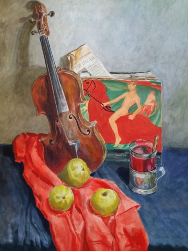 Картина под названием "Натюрморт со скрипк…" - Наталия Качанова, Подлинное произведение искусства, Акварель