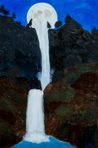 Pittura intitolato "Moon waterfall" da Arina Khlebnikova, Opera d'arte originale, Olio