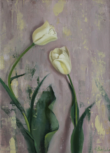 Painting titled "Two tulips" by Andrey Balychev, Original Artwork, Oil Mounted on Wood Stretcher frame