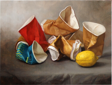 Painting titled "Cups and lemon" by Andrey Balychev, Original Artwork, Oil Mounted on Wood Stretcher frame