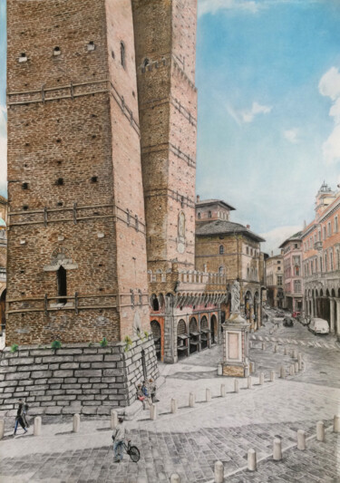 Drawing titled "Sotto le Torri a Bo…" by A-Criticart, Original Artwork, Conté Mounted on Other rigid panel