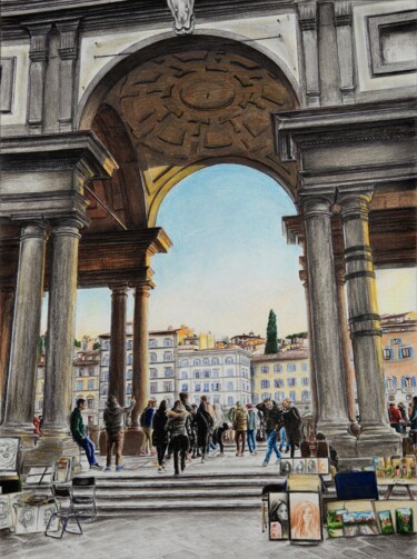 Dibujo titulada "Piazzale degli Uffi…" por A-Criticart, Obra de arte original, Conté Montado en Otro panel rígido