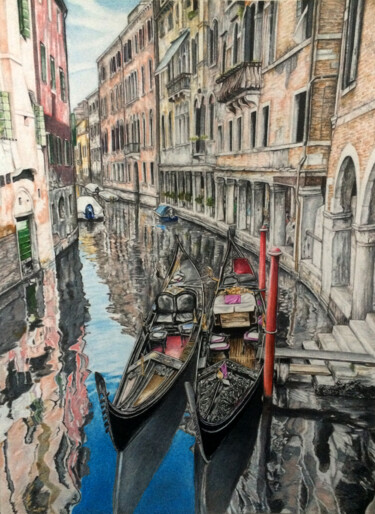 Zeichnungen mit dem Titel "Gondole a Venezia" von A-Criticart, Original-Kunstwerk, Conté-Buntstifte Auf Andere starre Platte…