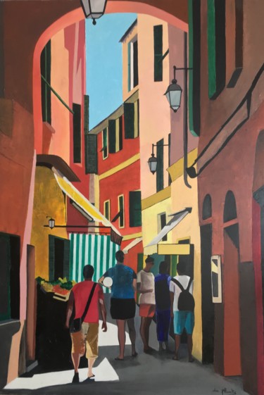 Painting titled "Laigueglia" by Anne Du Planty, Original Artwork, Oil Mounted on Wood Stretcher frame